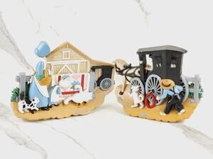 Burwood Amish Wall Deco Plaque 9" Buggy Farm Lady Geese 1995 Country Farm x2 Vtg